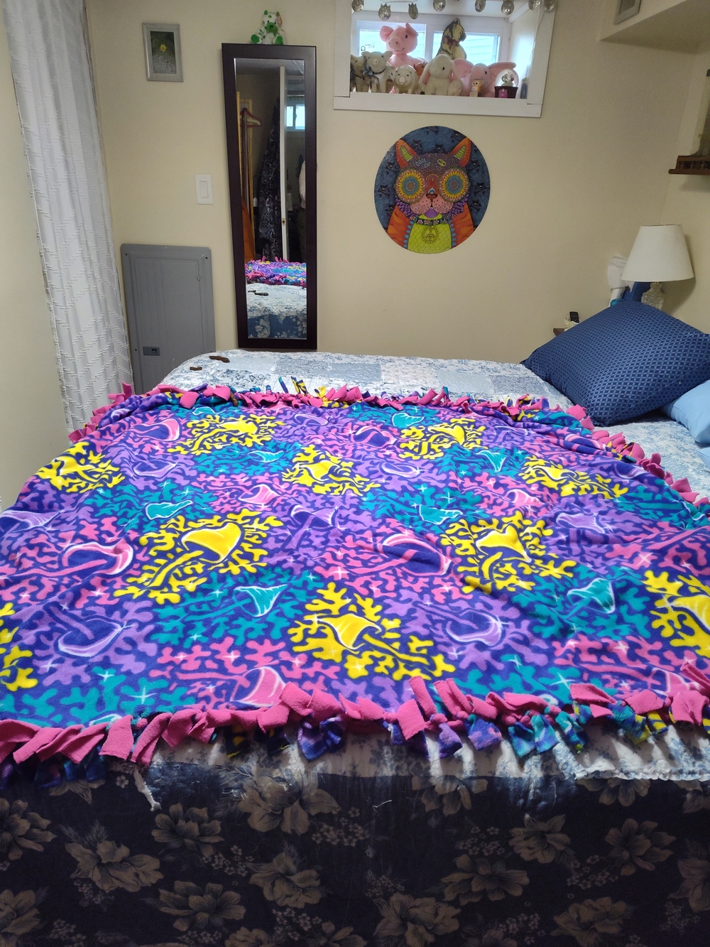 Purple & Pink Coral Fleece Tie-Edge Throw Blanket Hand Crafted Double Sided